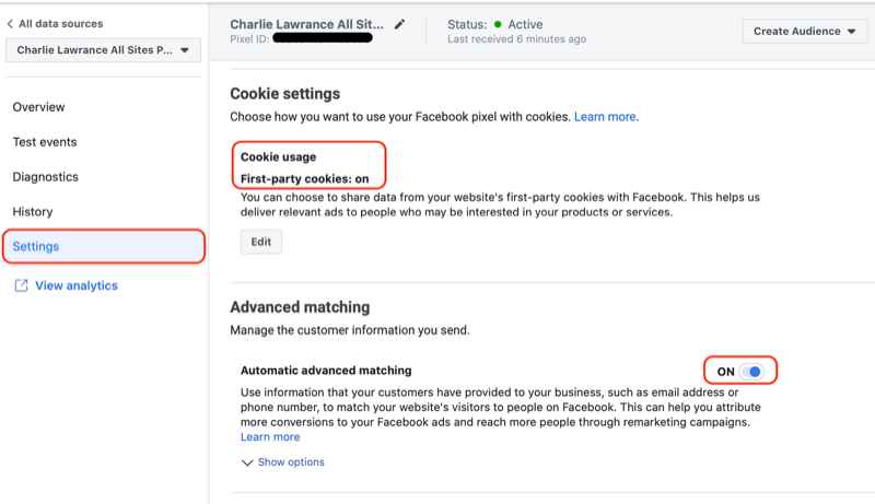 Facebook pixel settings for cookies and advanced matching