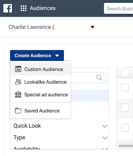 Create Audience drop-down menu in Audiences section of Facebook Ads Manager