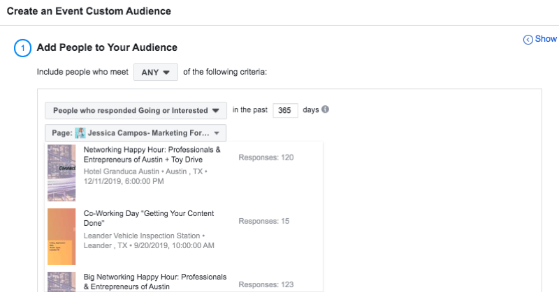 set up Facebook custom audience of people who responded to event