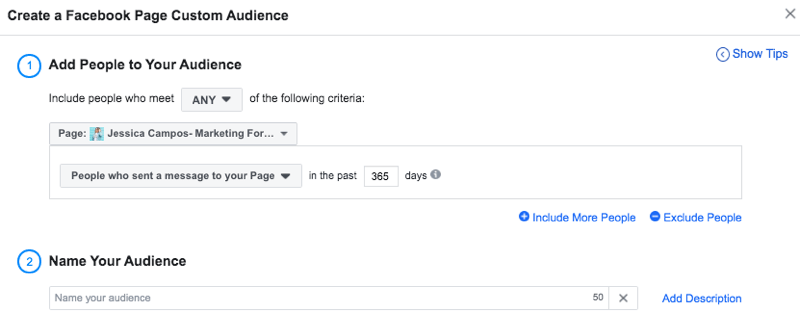 set up Facebook custom audience of people who messaged page