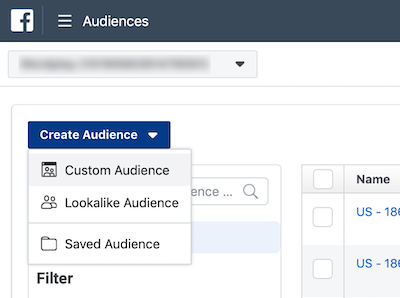 Create Audience drop-down menu in Facebook Ads Manager