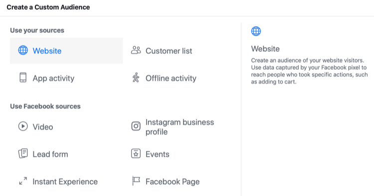 source options for Facebook custom audience