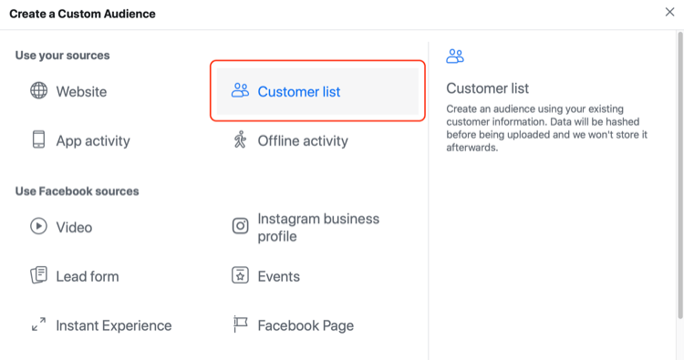 Create a Custom Audience window with Customer List selected