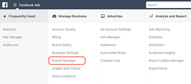 Events Manager menu option in Ads Manager