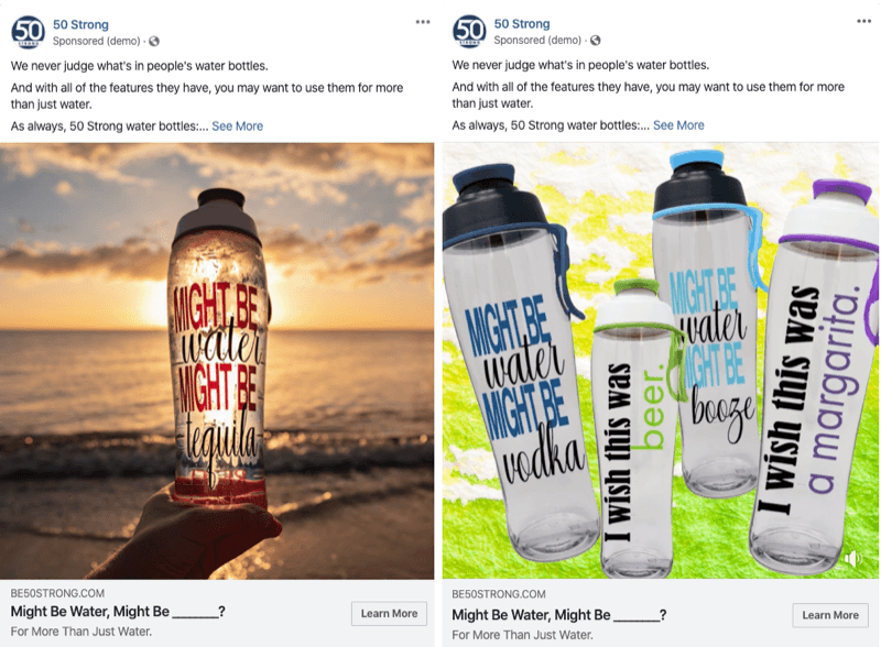 two Facebook ads with different images to test with Facebook experiments