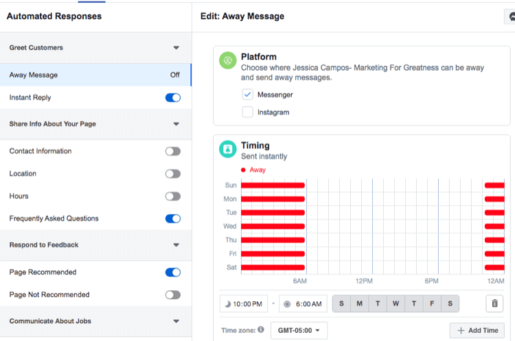 screenshot of Timing settings for Facebook Messenger away message automated response