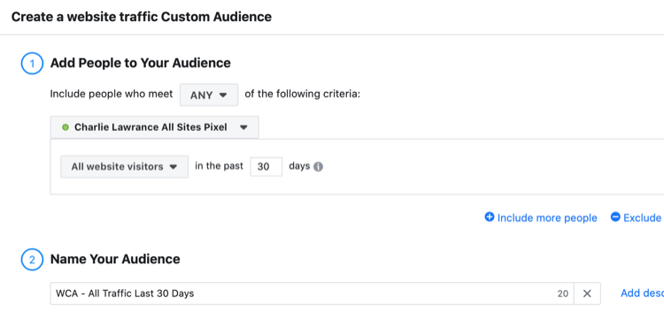 Create a Website Traffic Custom Audience dialog box