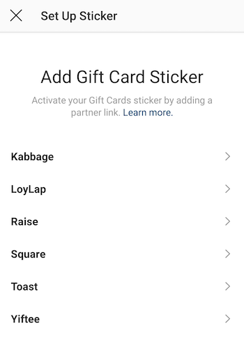 Add Gift Card Sticker screen in Instagram app