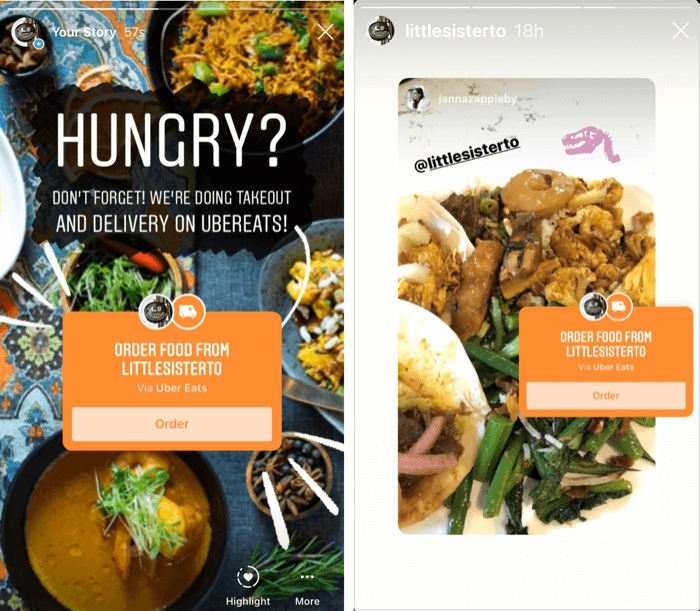 example of Instagram story with Food Orders sticker