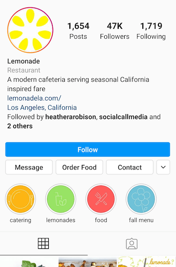 example of Instagram profile with Order Food action button