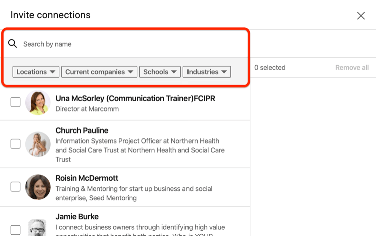 Invite Connections dialog box for LinkedIn event