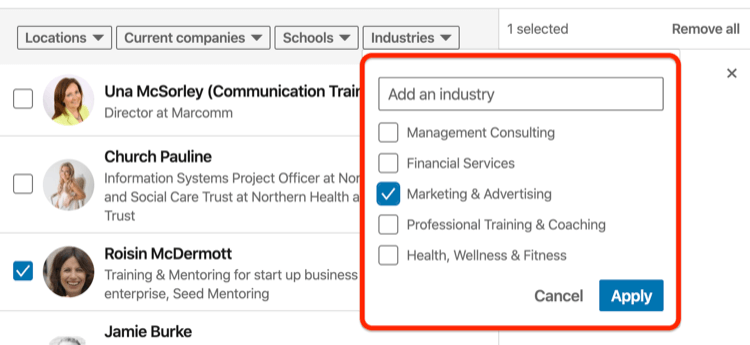 sort connections by industry in Invite Connections dialog box for LinkedIn event