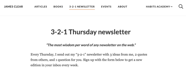 James Clear 3-2-1 newsletter page on website