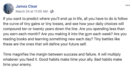 James Clear Facebook post about how tiny gains and losses add up over time