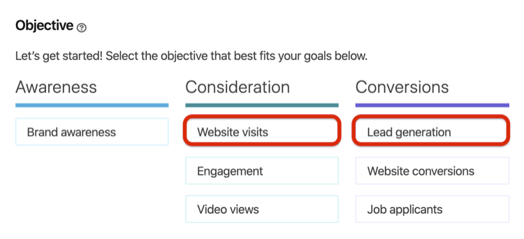 screenshot of campaign objectives for LinkedIn conversation ads