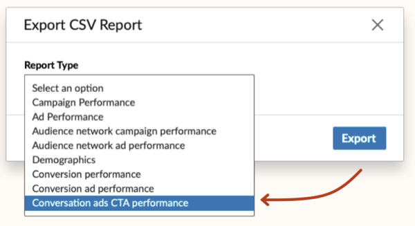 LinkedIn Conversation Ads CTA Performance option in Report Type drop-down list