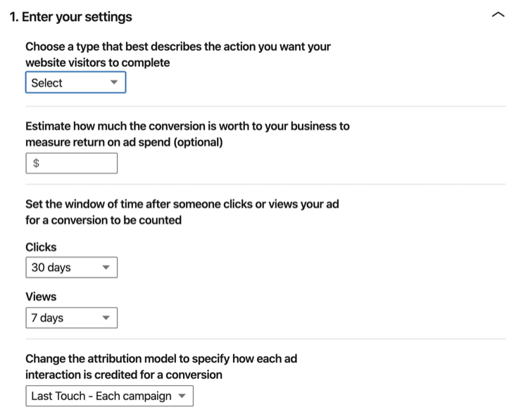 'Enter Your Settings' section of LinkedIn conversation tracking setup process