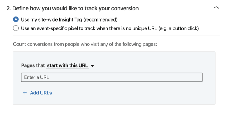 Define How You Would Like to to Track Your Conversion' section of LinkedIn conversation tracking setup process