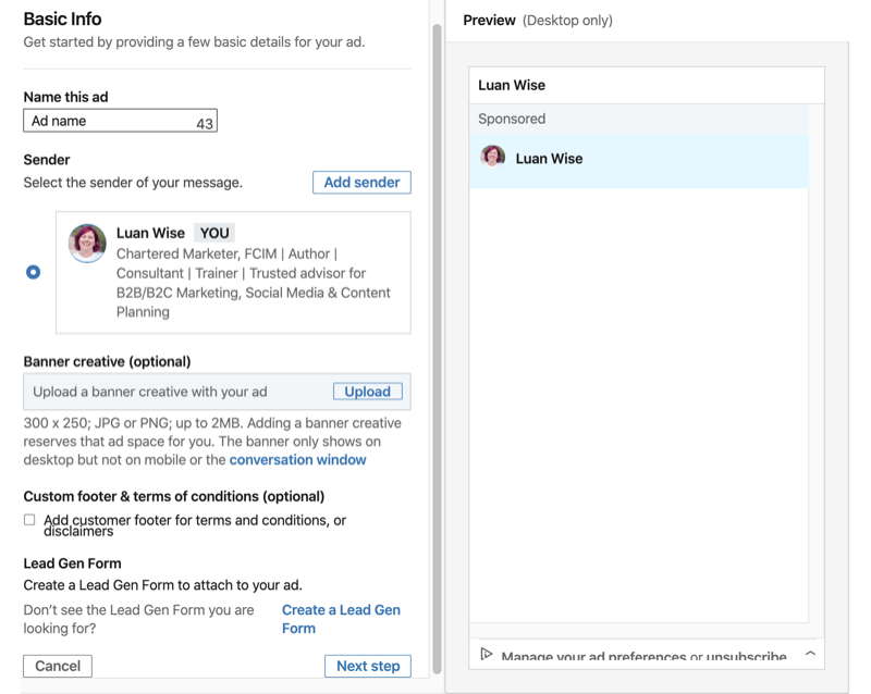 Basic Info section of LinkedIn conversation ad setup