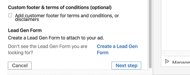 Lead Gen Form option in Basic Info section of LinkedIn conversation ad setup