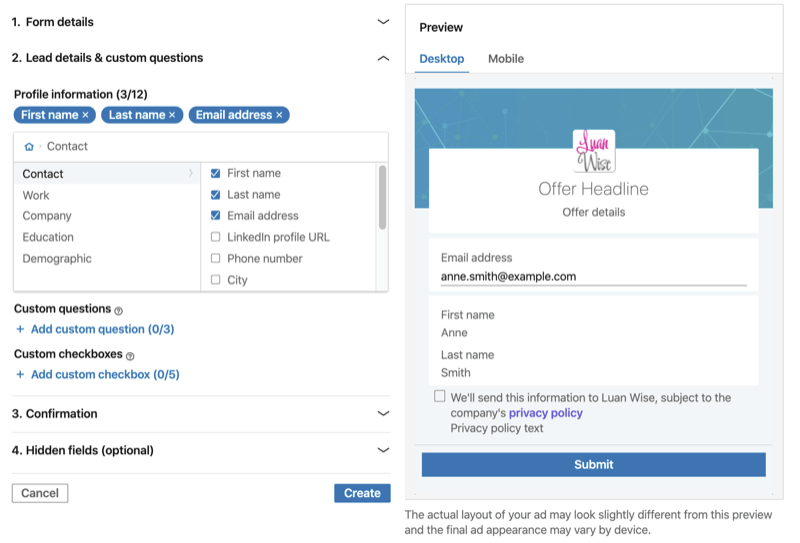 lead gen form for LinkedIn conversation ad