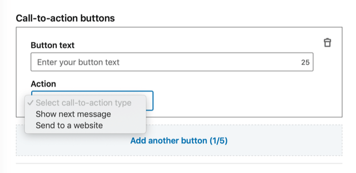 Call-to-Action Buttons section for LinkedIn conversation ad setup