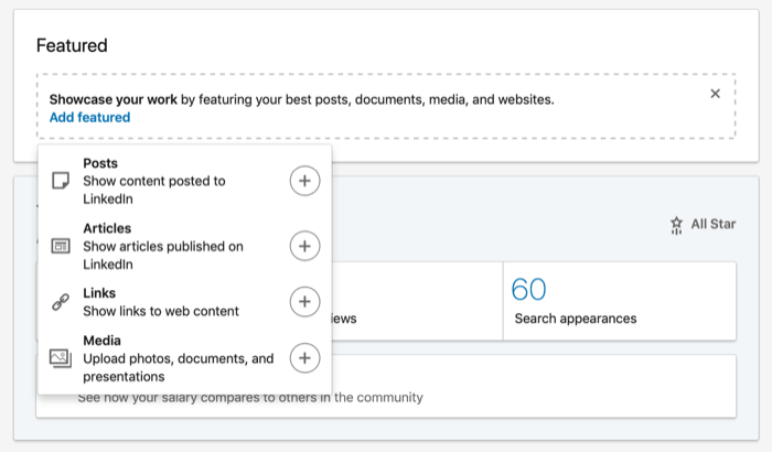 options for adding content to LinkedIn Featured section