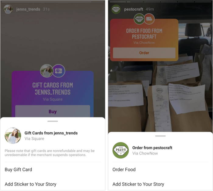 pop-up menu for Instagram gift cards and food stickers