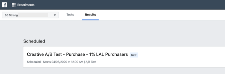 list of scheduled Facebook experiments on Results tab