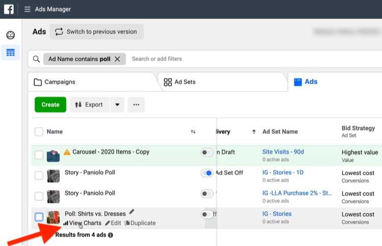 View Charts option in Ads Manager