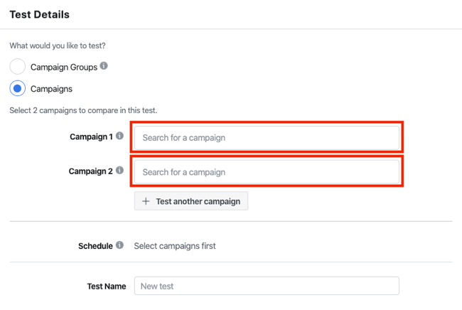 Test Details section of A/B test for Facebook Experiments