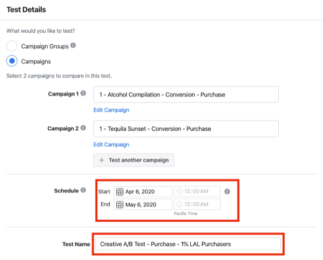 Test Details section of A/B test for Facebook Experiments