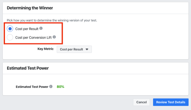 Determining the Winner section of A/B test for Facebook Experiments