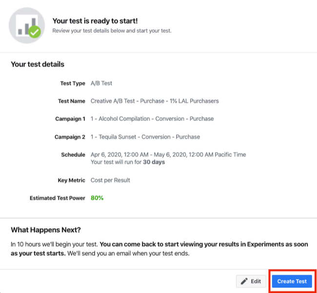 test details for A/B test for Facebook Experiments