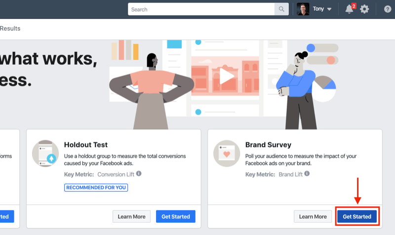 Get Started button for Brand Survey for Facebook Experiments