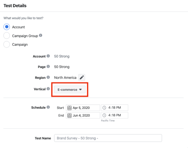 Test Details for brand survey for Facebook Experiments