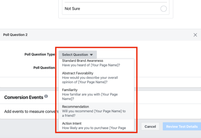 poll question types for brand survey for Facebook Experiments