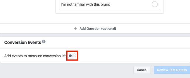 conversion events for brand survey for Facebook Experiments