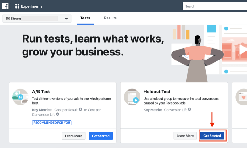 Get Started button for holdout test for Facebook Experiments