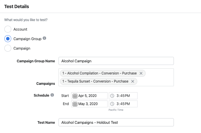 Test Details for holdout test for Facebook Experiments