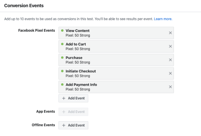 conversion events for holdout test for Facebook Experiments