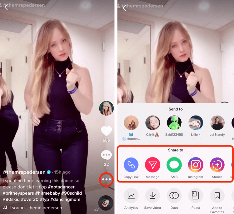 options to share direct link to TikTok video