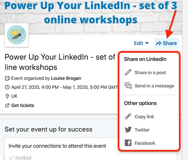 Unter "Share" finden Sie Optionen zum Teilen des LinkedIn-Events außerhalb des Feeds.