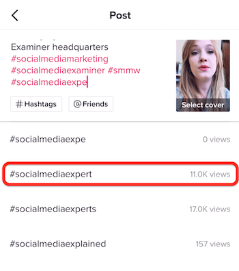 select hashtags for TikTok post