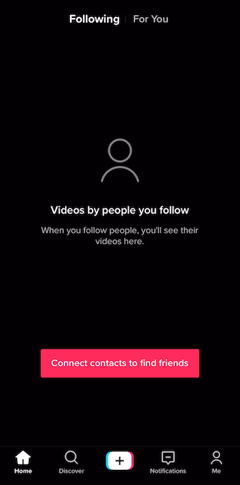 TikTok Following tab showing Connect Contacts to Find Friends