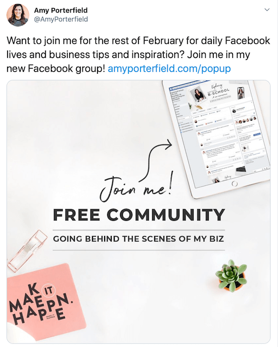 tweet promoting Facebook pop-up group