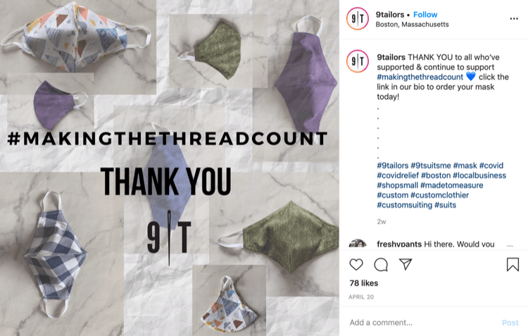 9Tailor Instagram post about sales of masks