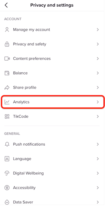 Analytics option in settings for TikTok Pro account