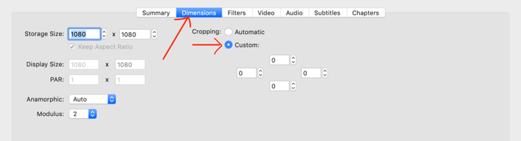 Dimensions tab in Handbrake