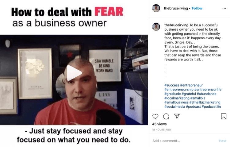 Bruce Irving Instagram post about how to deal with fear as a business owner